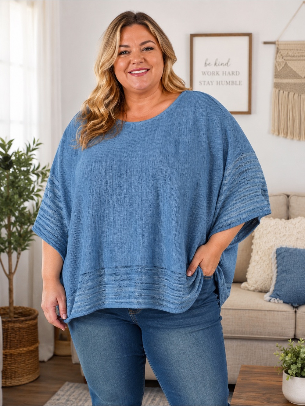 Catherine’s 3X Blue Knit Sweater Acrylic Casual Oversized Boho-Chic Neutral USA